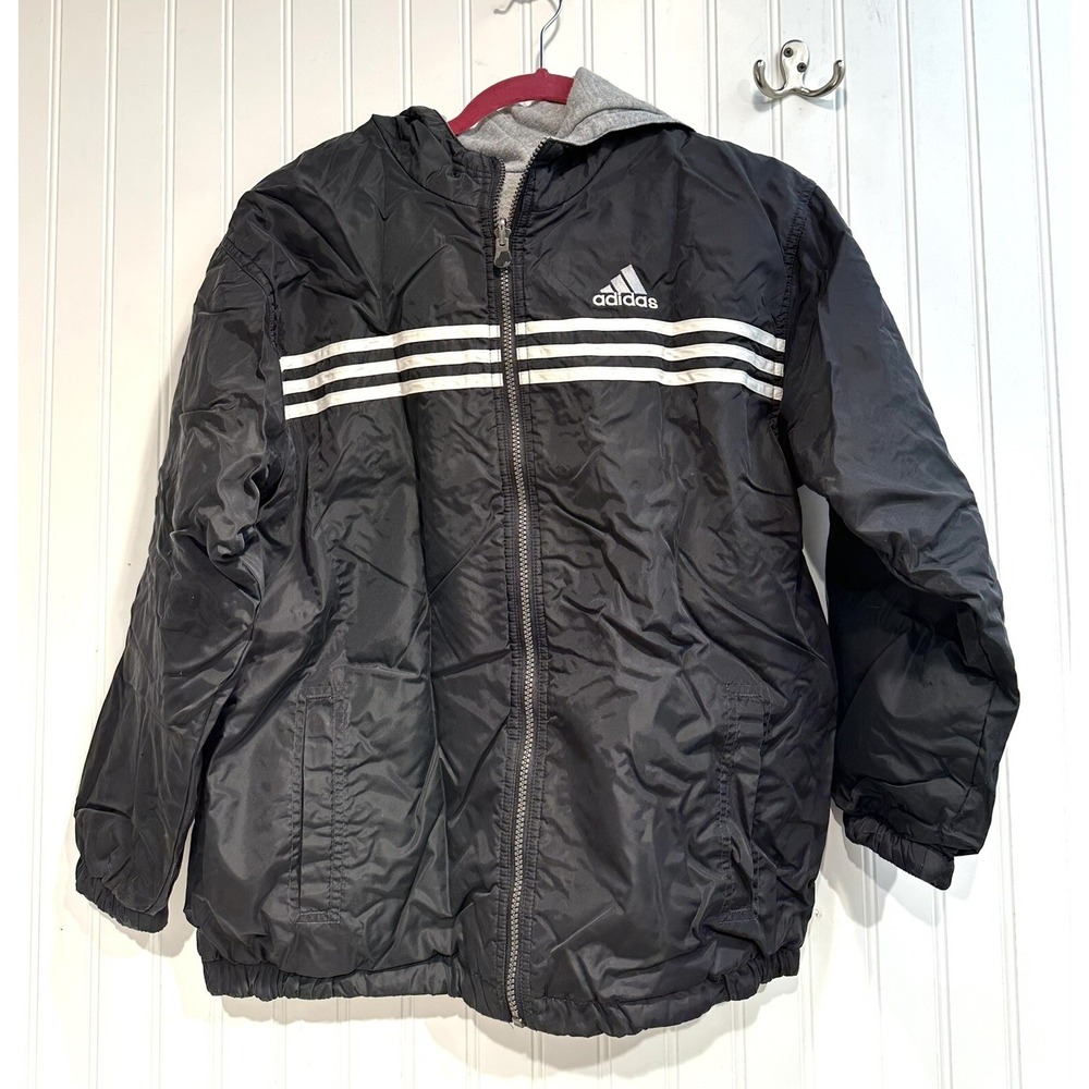 Adidas Reversible Jacket‎ Size L Youth Black White Gray Hooded Three Stripe